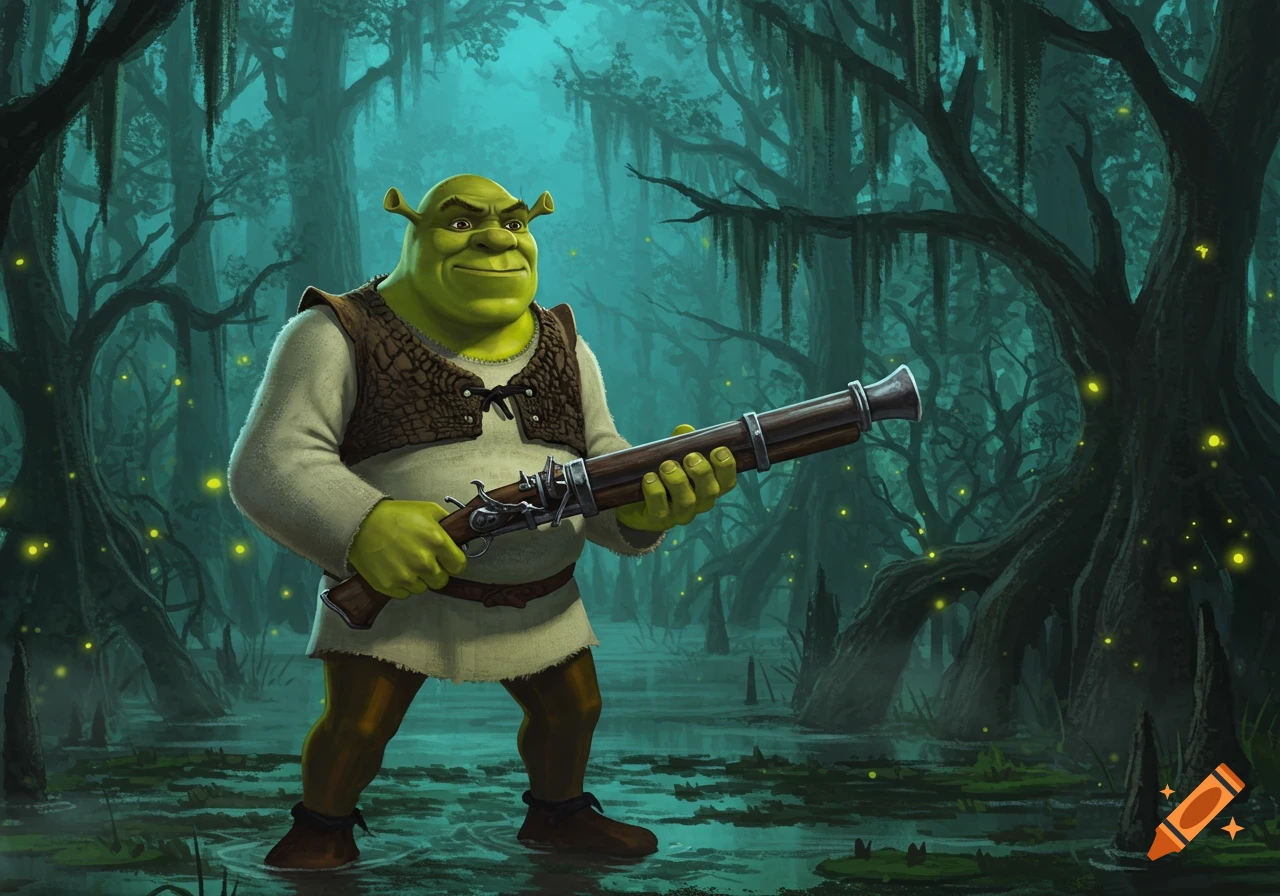 Shrek stands in a dark, misty swamp, holding an old rifle. The illustration has glowing elements in the background.