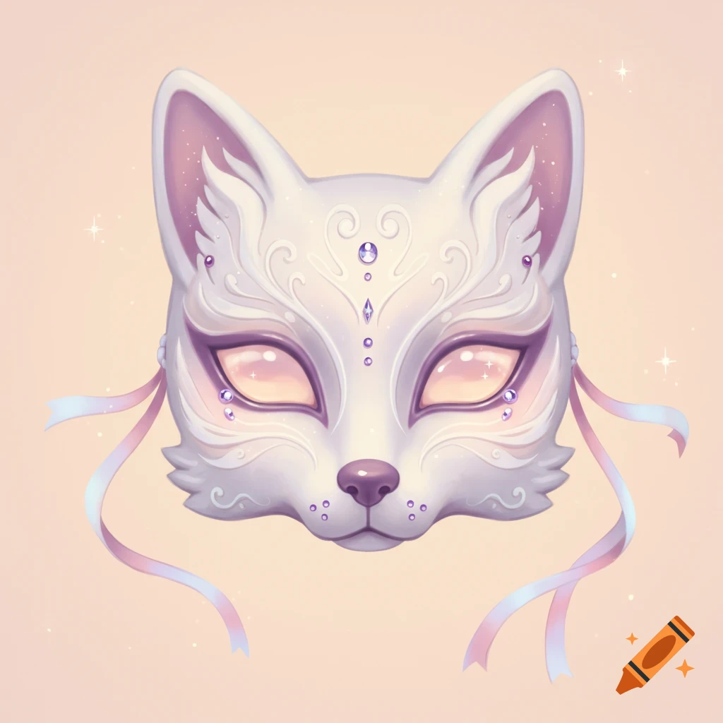 A cute white and purple fox mask with ribbons and sparkling details in an illustrative style.
