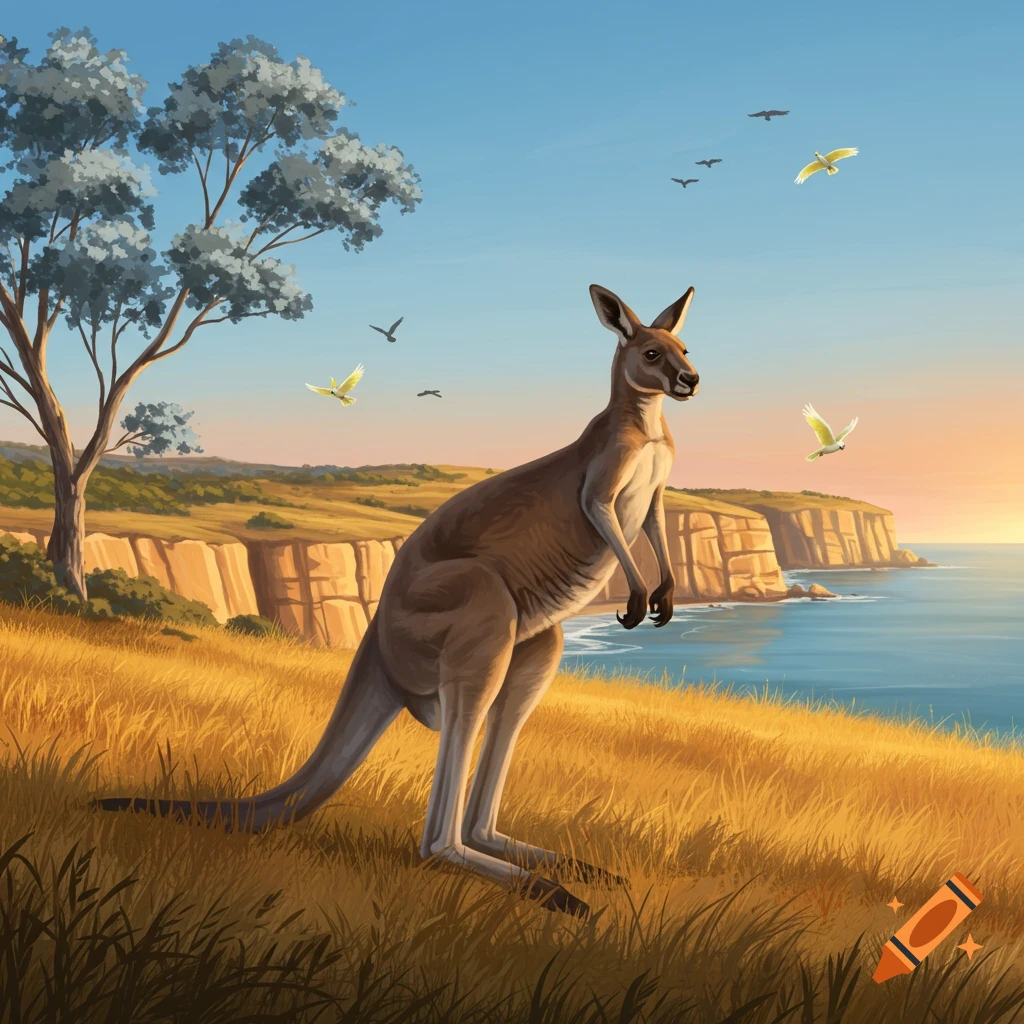 A kangaroo stands in golden grass on a cliff overlooking the ocean at sunset, with a tree and birds.