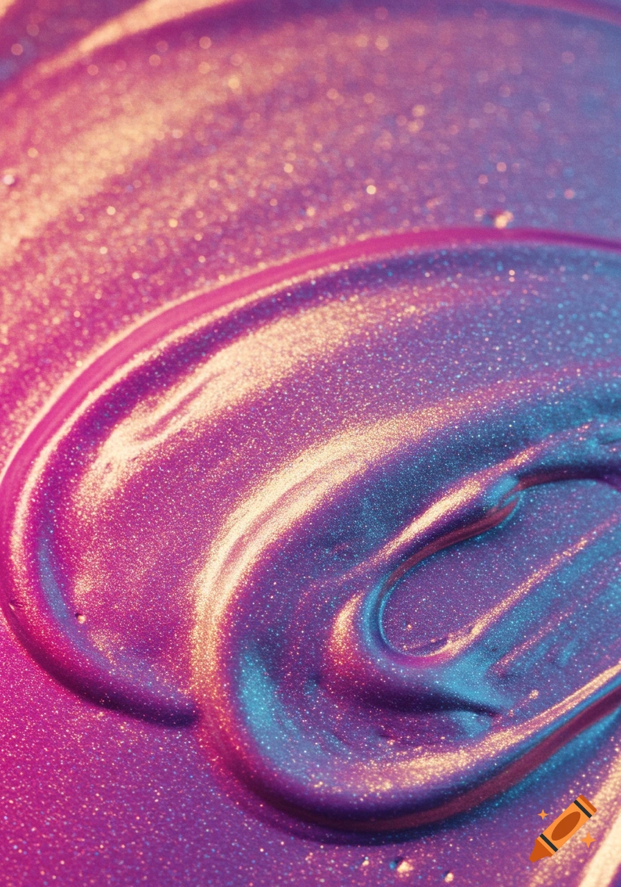 Close-up of shimmering iridescent makeup texture with swirls of pink, purple, gold, and blue.