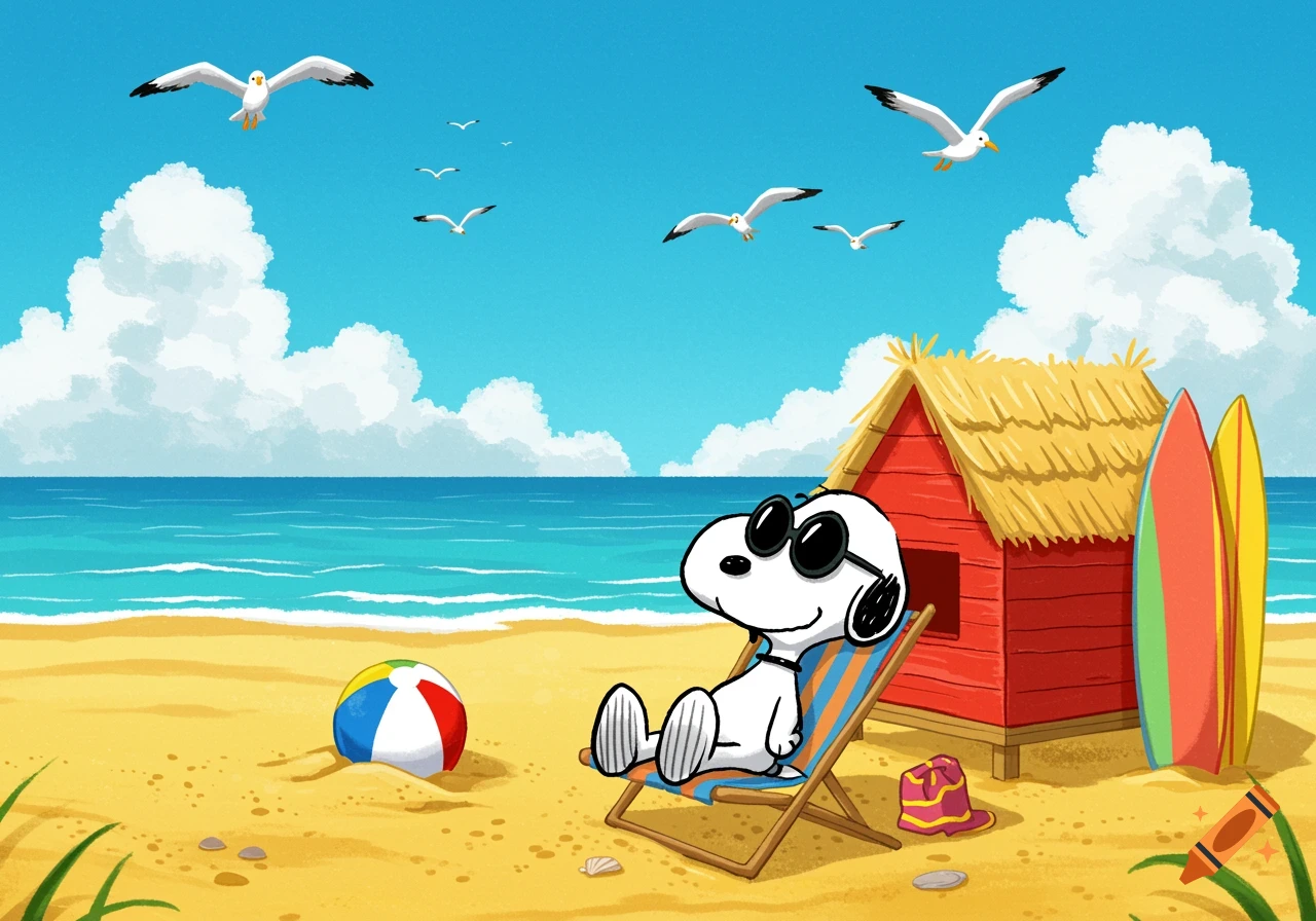 Cartoon illustration of Snoopy relaxing in a beach chair on a sunny beach with the ocean, seagulls, and a small hut.