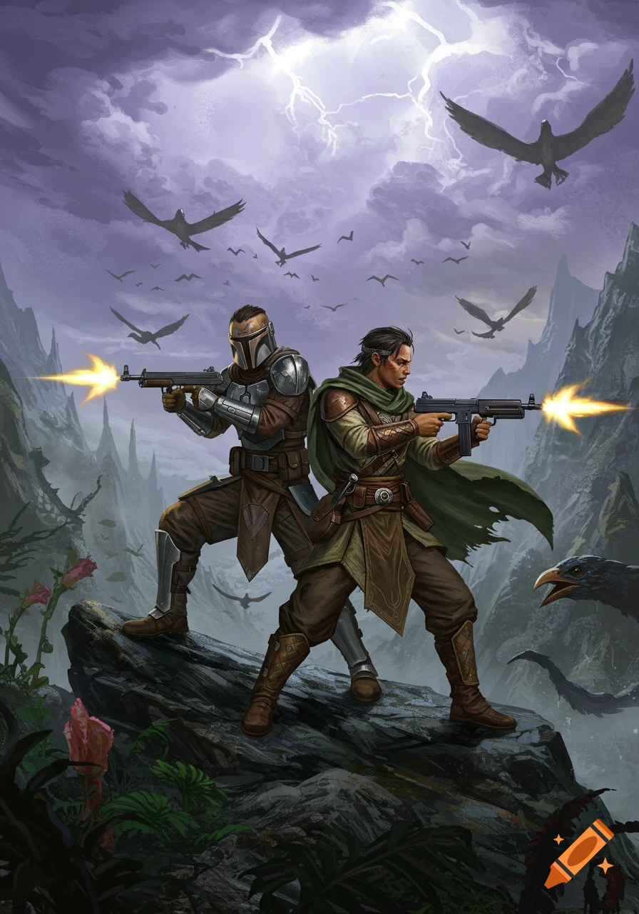 Two armed warriors, one in Mandalorian-style armor, stand on a cliff firing submachine guns under a stormy sky with flying creatures.