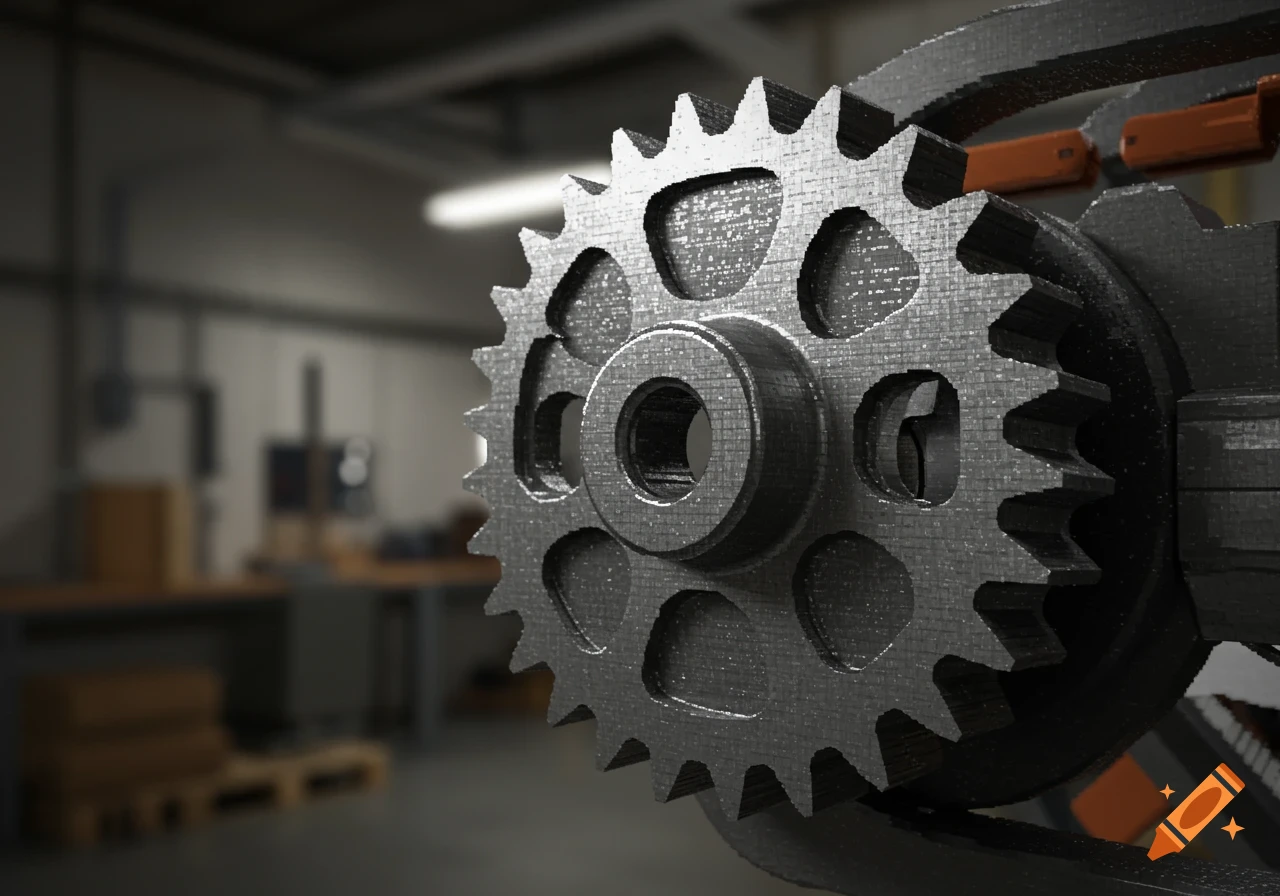 Close-up of a metallic sprocket with a pixelated texture, set against a blurry industrial background.