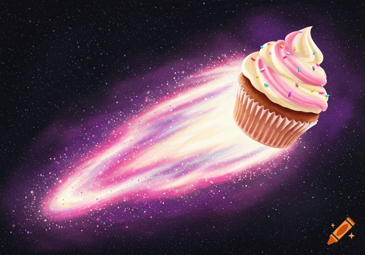 An illustrated cupcake flies through deep space like a comet, leaving a vibrant pink and purple trail of light and stars behind it.