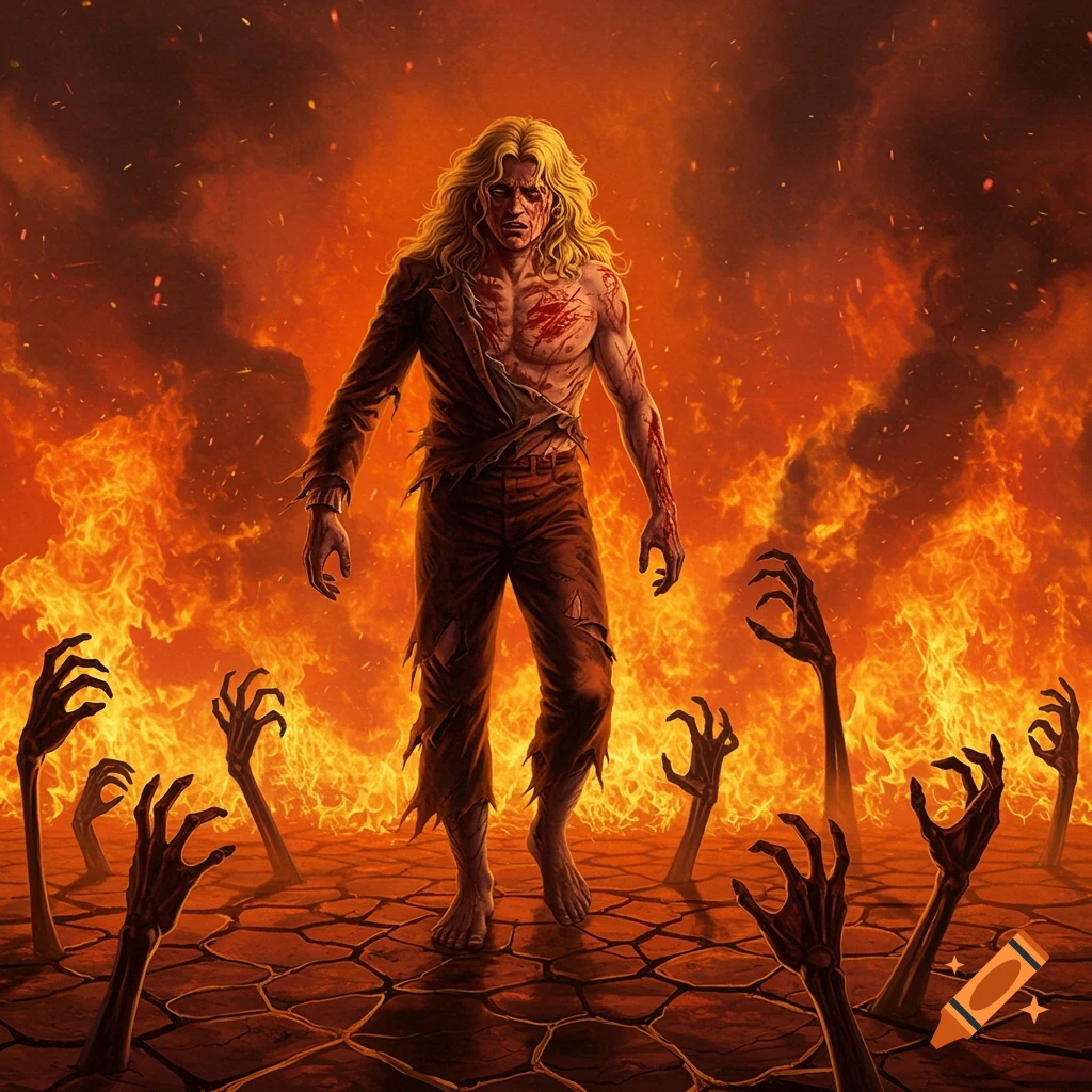 A bloodied man with long blonde hair and torn clothes stands in a fiery, hellish landscape with hands reaching up from cracked ground, in an anime style.