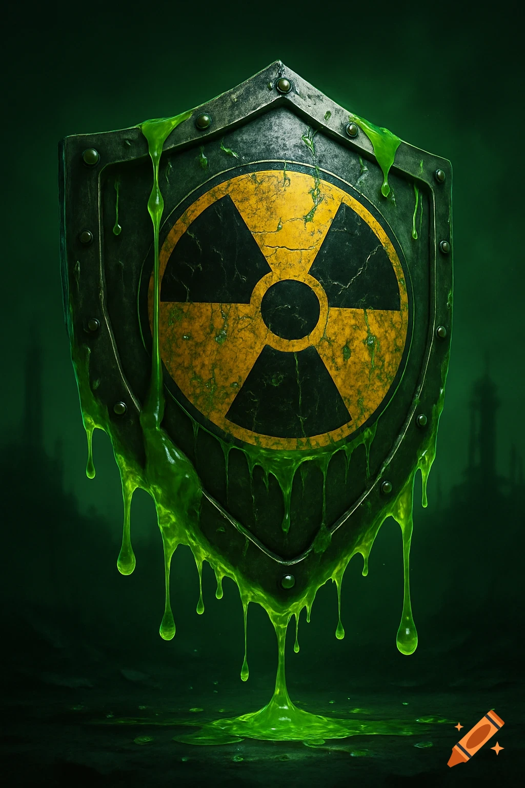 A metallic shield with a yellow and black radiation symbol, dripping bright green toxic acid.