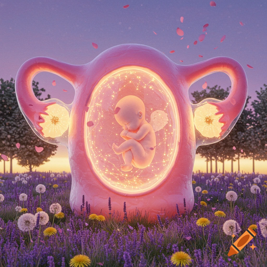 A large, pink, stylized uterus sits in a field of purple flowers under a twilight sky, with a glowing baby inside.