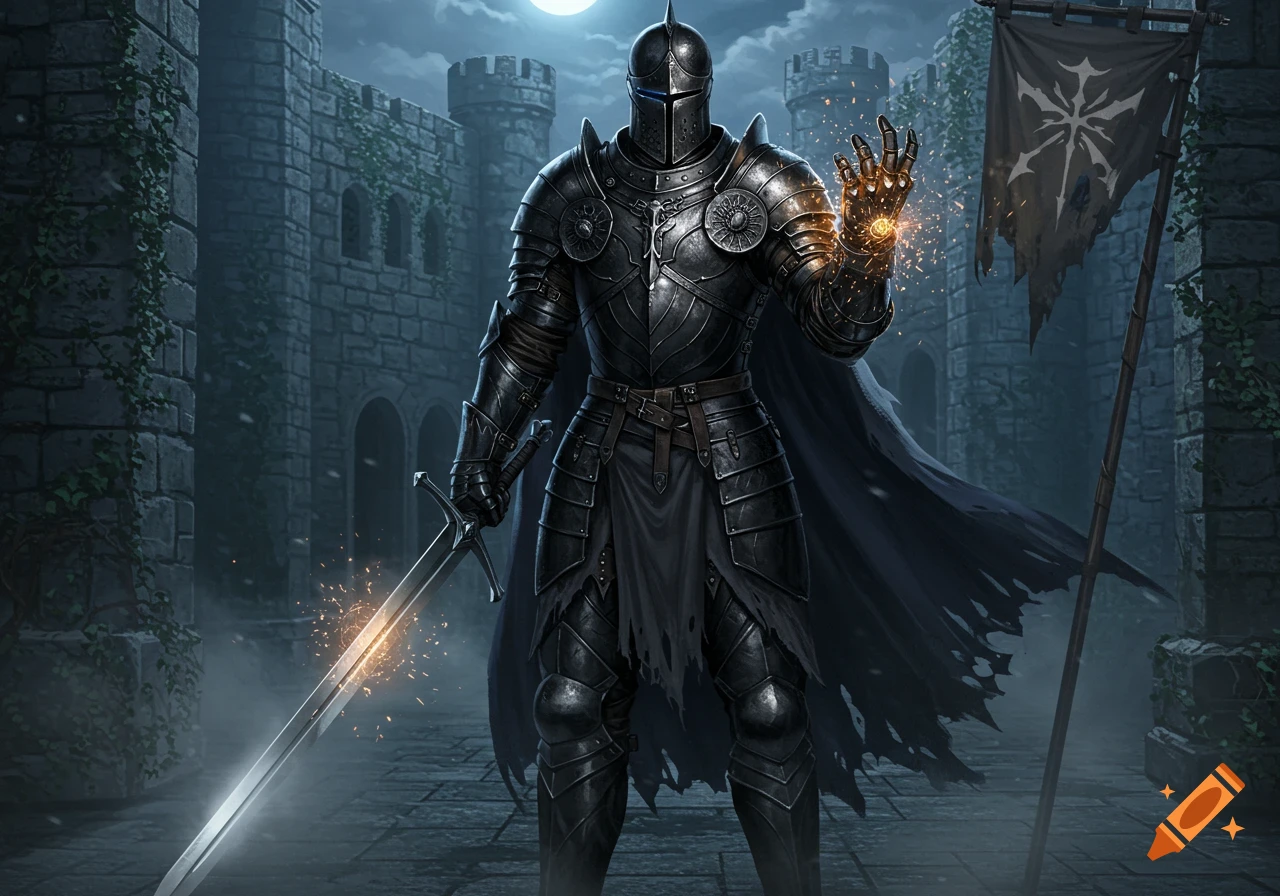 A heavily armored knight stands in a moonlit castle courtyard, holding a sword and radiating magic from his hand.