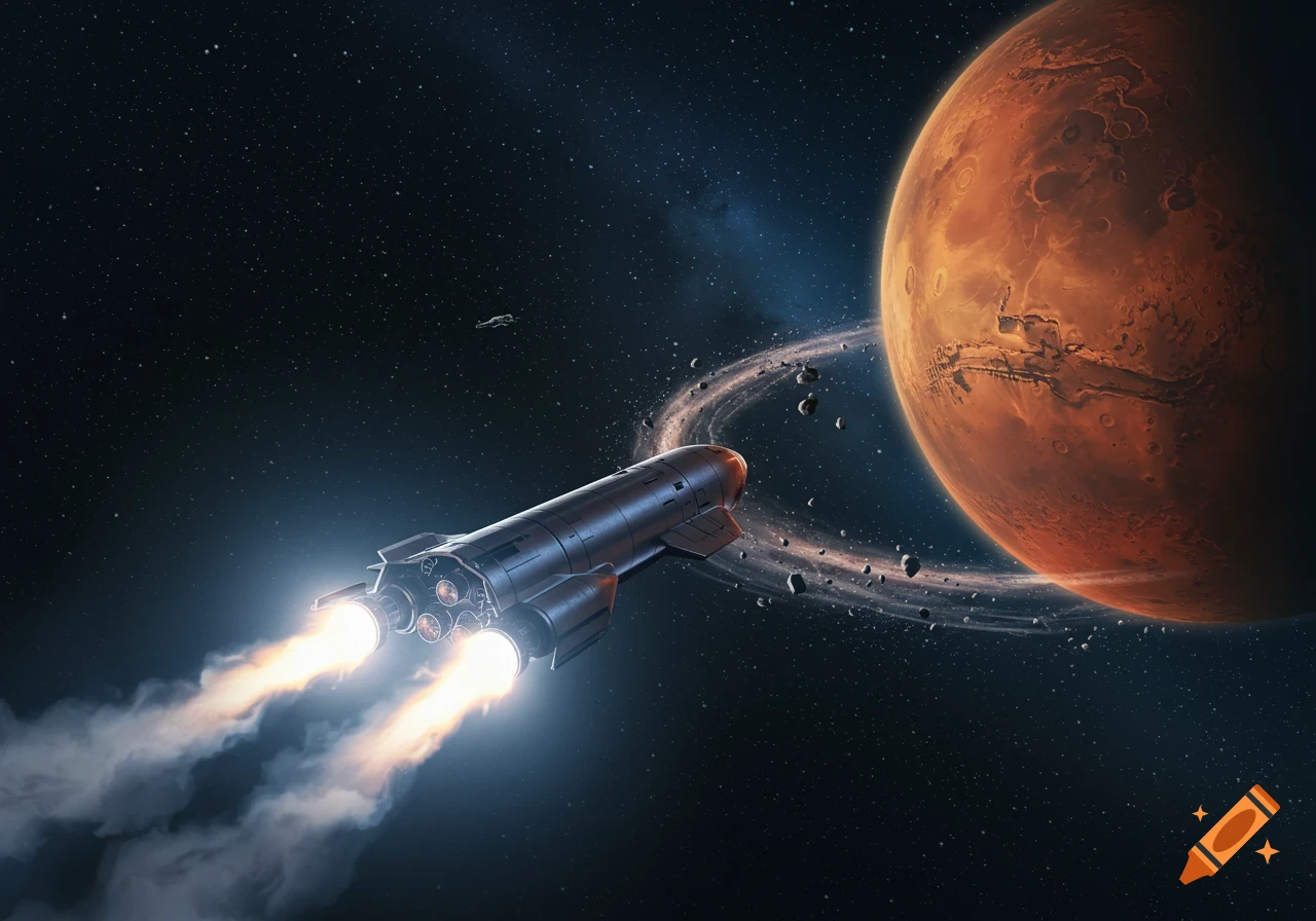 A space rocket with engines firing flies towards a large, red, ringed planet in the dark expanse of space filled with stars.