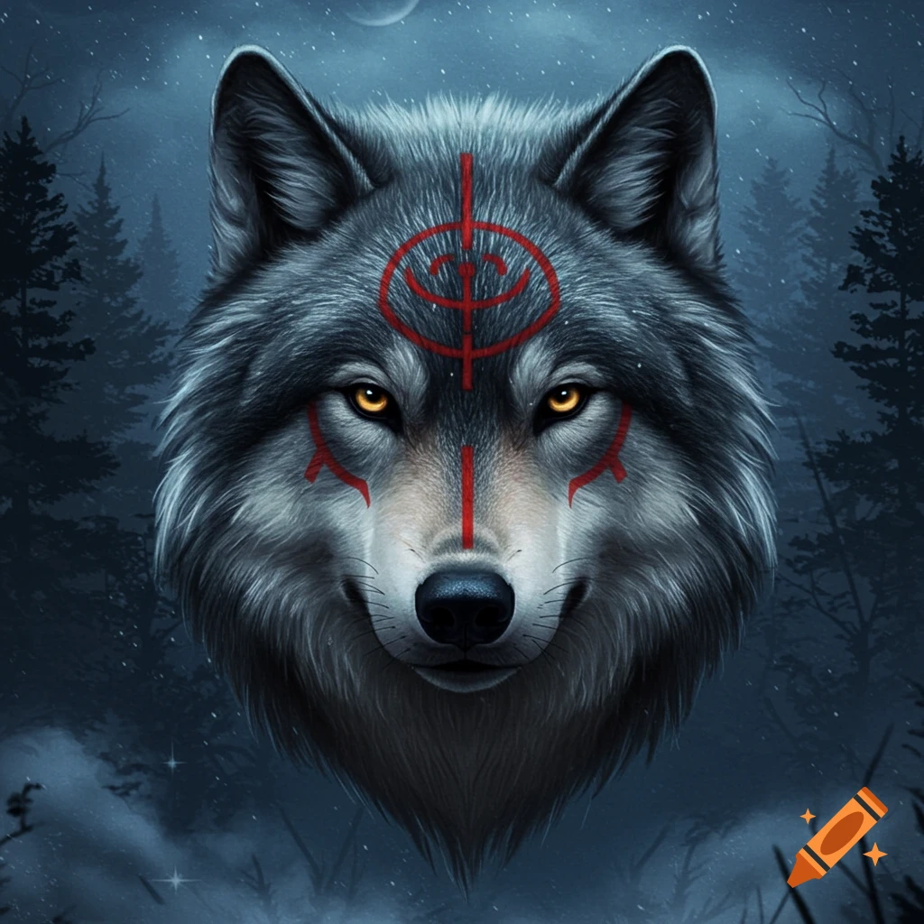 Close-up of a gray wolf's head with glowing yellow eyes and red tribal markings on its face, against a dark forest background at night.
