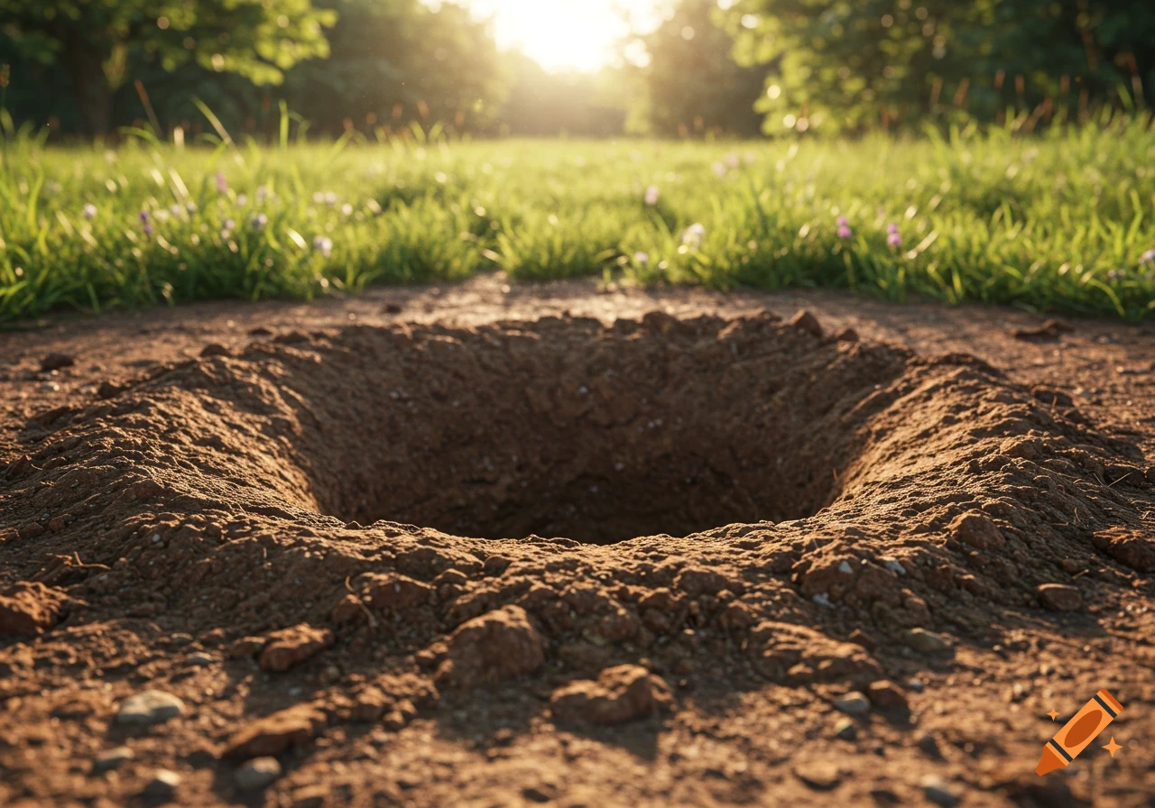 A close-up, low-angle shot of a deep, circular hole in brown dirt, with green grass and blurred trees under a bright sun in the background.
