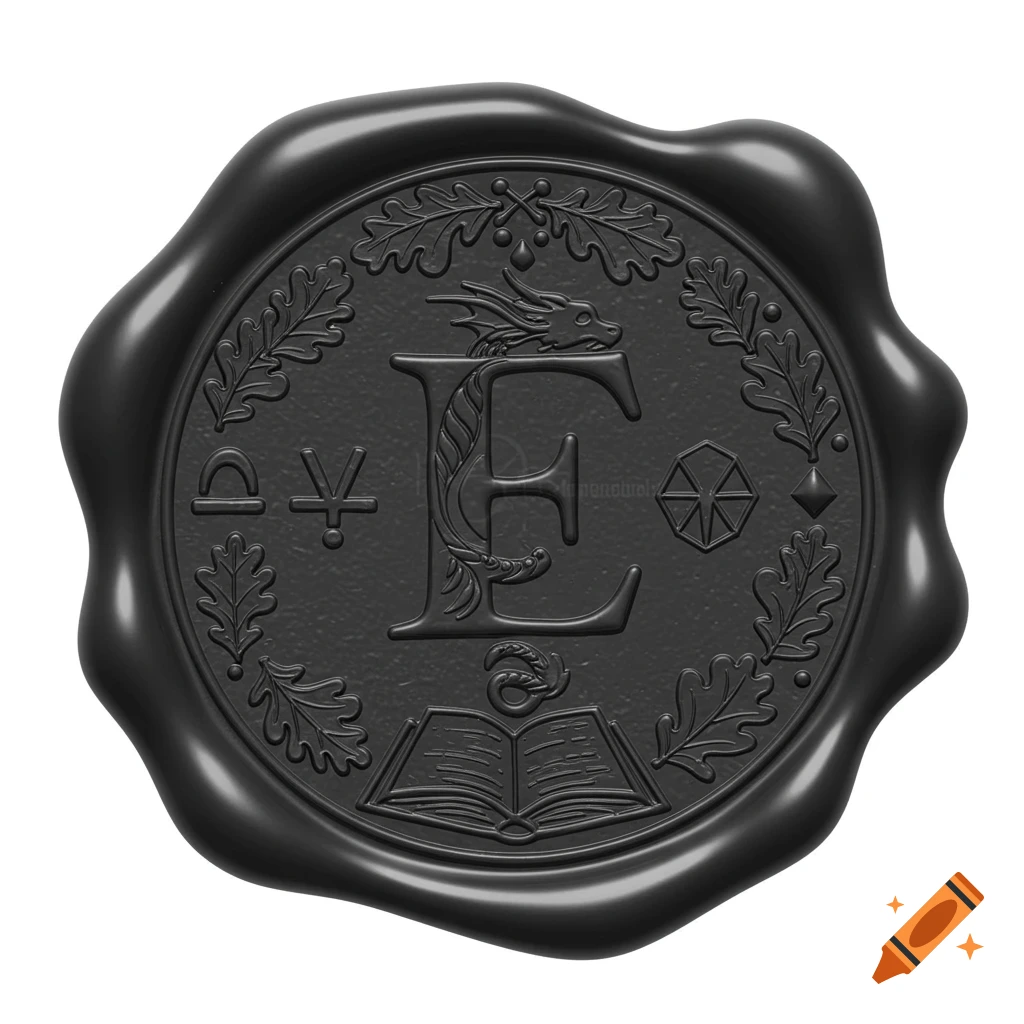 A black wax seal with a stylized letter 'E' formed by a dragon, surrounded by oak leaves, an open book, and various symbols.