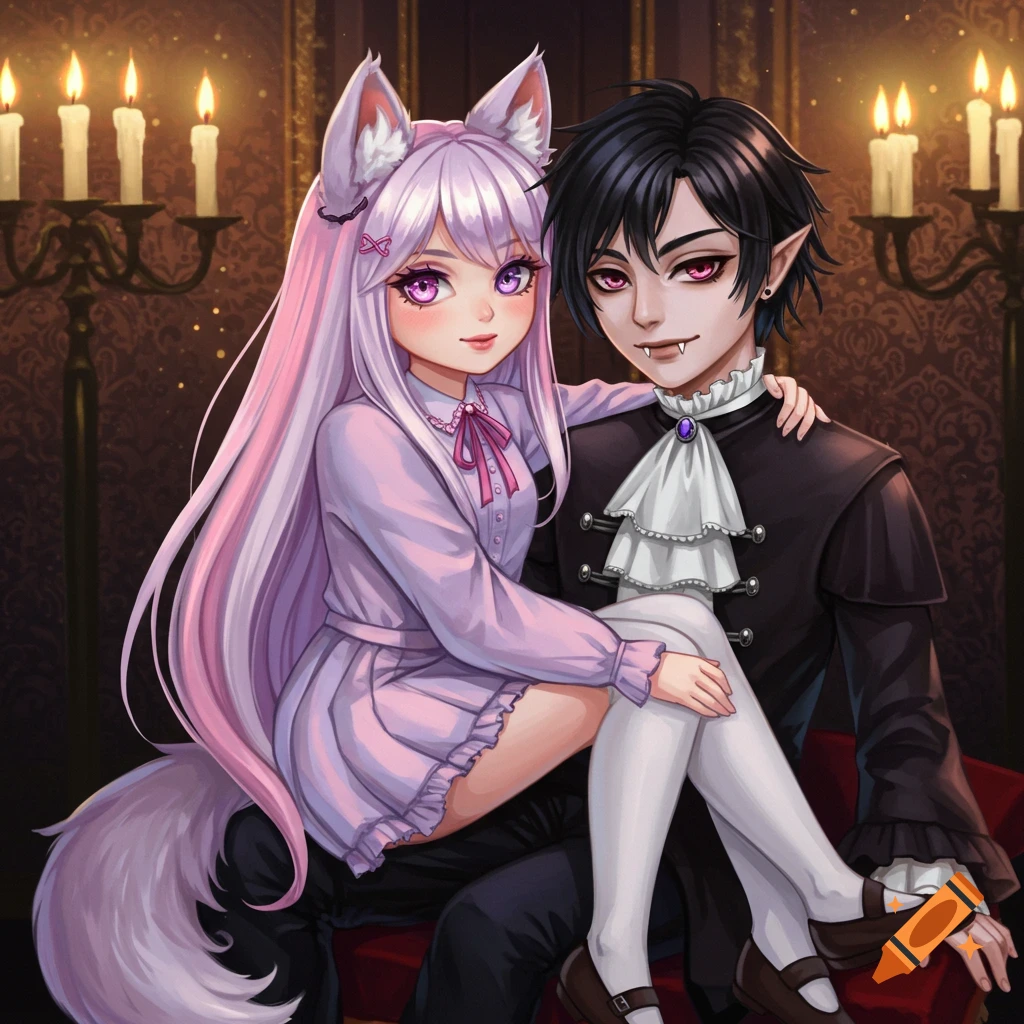 Anime illustration of a smiling wolf-eared girl with pink and purple hair sitting on a gothic vampire boy's lap in a candlelit room.