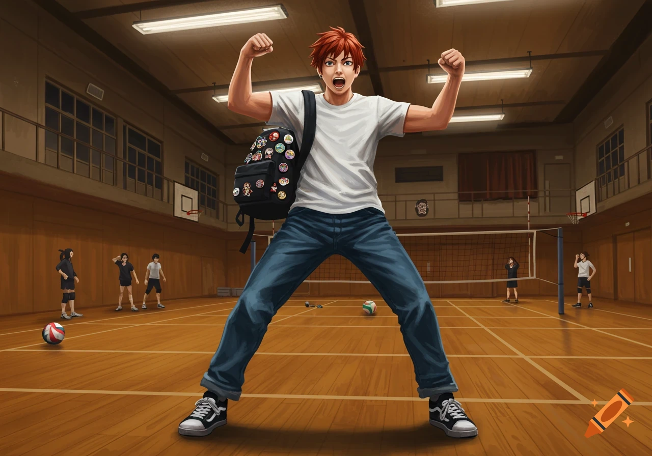 An enthusiastic anime male student with a backpack adorned with pins flexes his arms and yells in a brightly lit volleyball gym.
