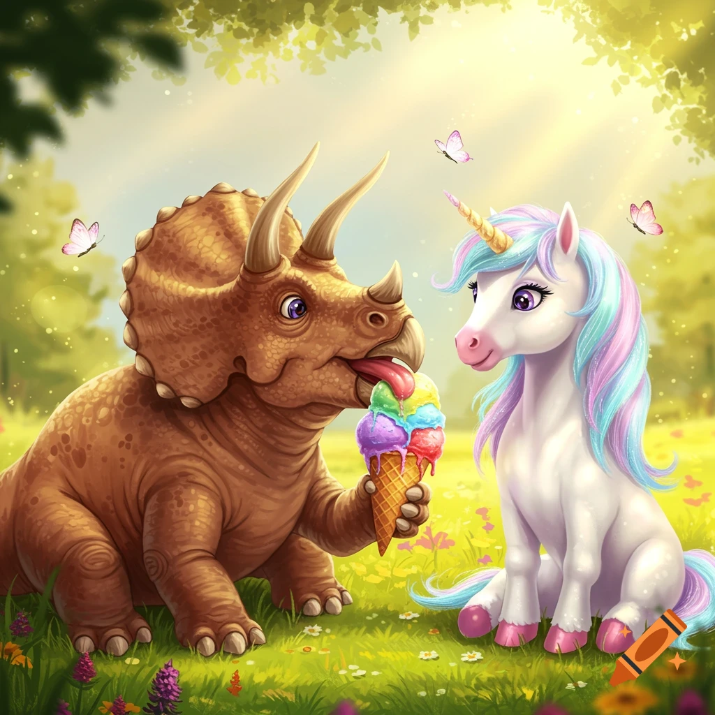 A whimsical illustration of a brown triceratops eating a colorful ice cream cone while a white unicorn with a rainbow mane sits beside it in a sunny, green field with butterflies.