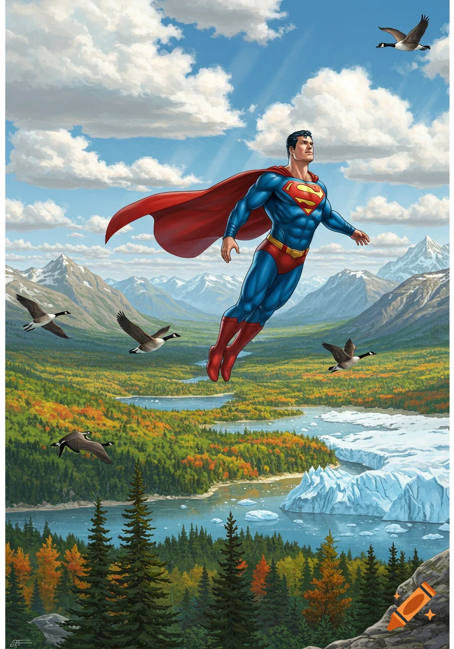 Superman flies over a vast, colorful mountainous landscape with forests, lakes, and glaciers, with geese flying nearby, in a comic art style.