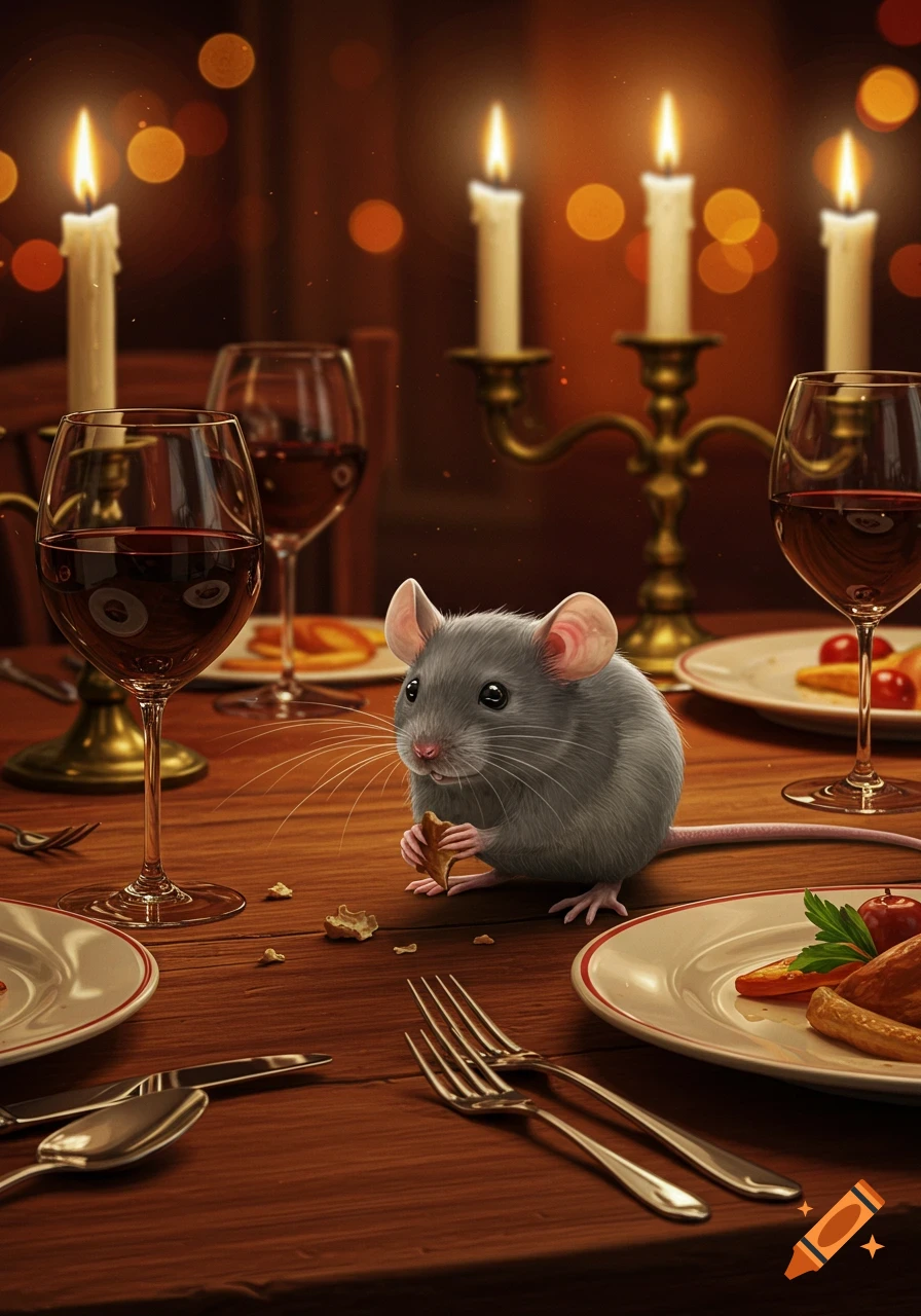 A grey mouse sits at a candlelit dinner table, nibbling food amidst wine glasses and plates.