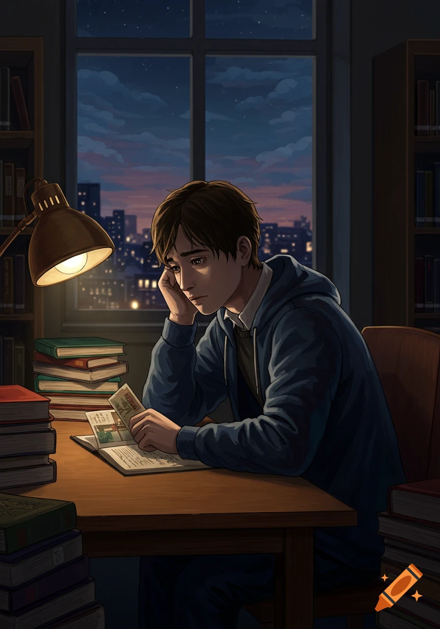 An anime-style illustration of a tired young man studying at a desk in a library at night, with city lights visible outside the window.