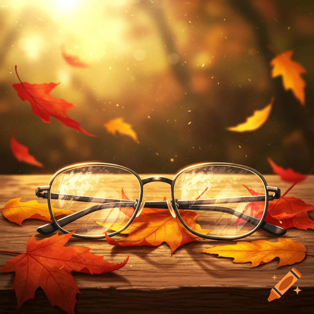 Eyeglasses on a wooden surface surrounded by red and orange autumn leaves, with a blurry sunlit forest background.