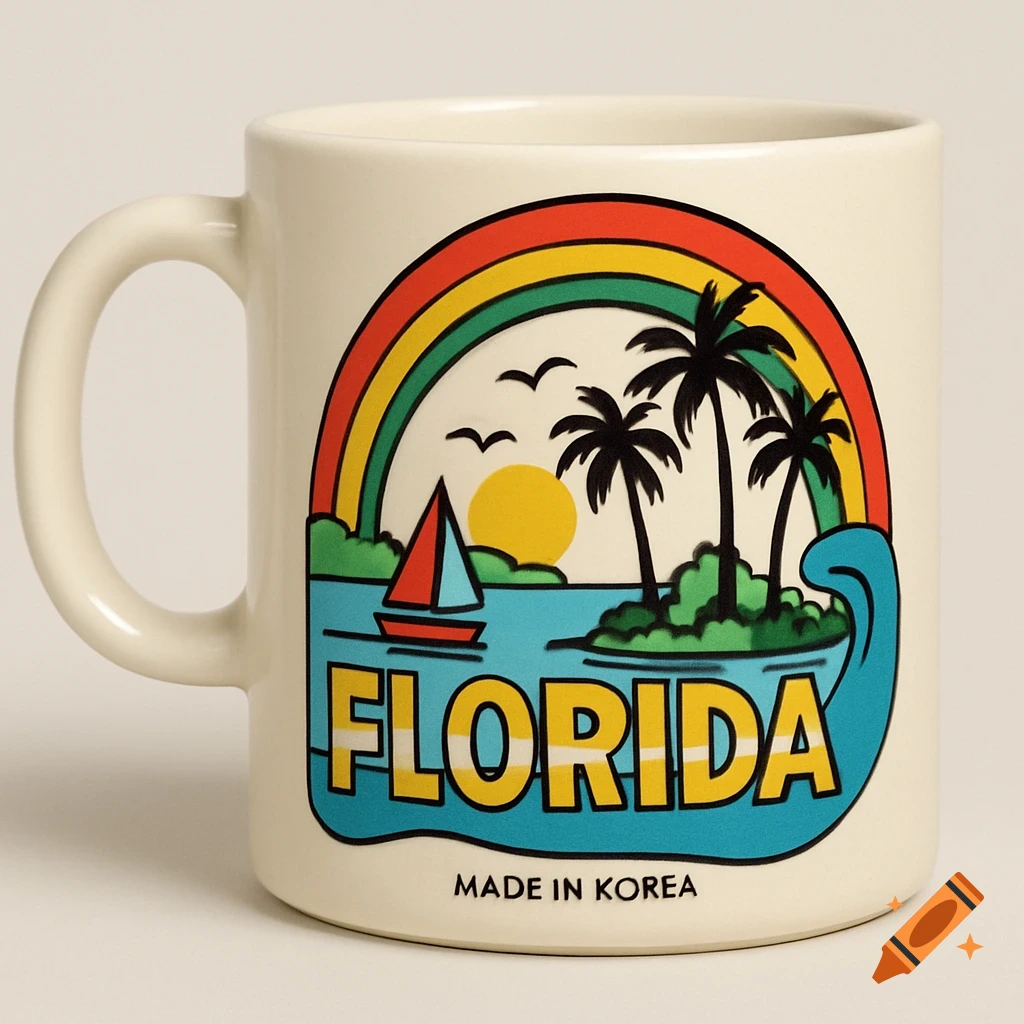 Cream-colored mug with a colorful Florida illustration featuring a rainbow, palm trees, sailboat, and the text 'FLORIDA' and 'MADE IN KOREA'.