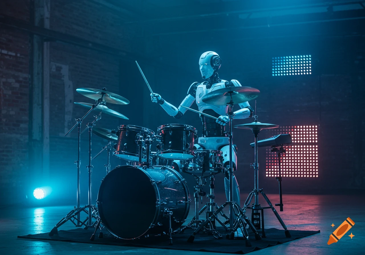 A humanoid robot playing a drum set on a dark stage with blue and red lighting.