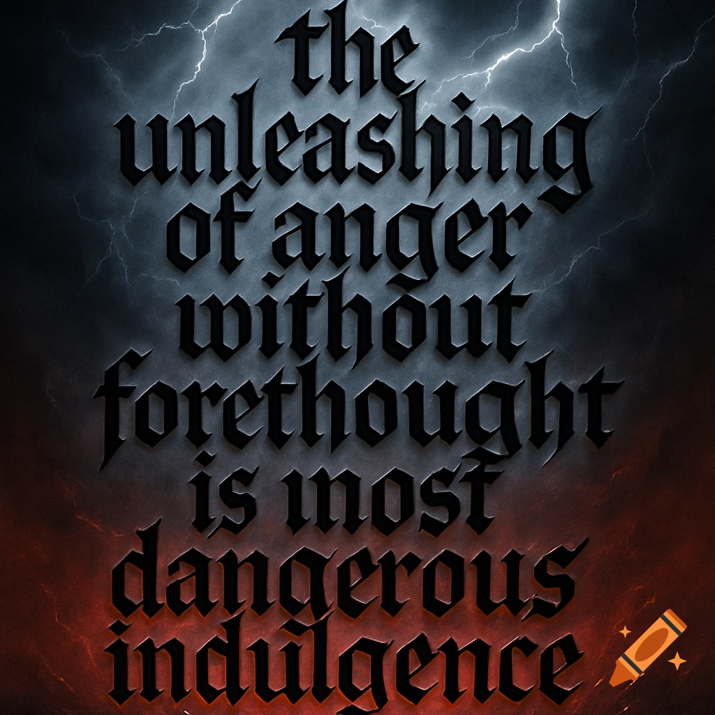 The quote "the unleashing of anger without forethought is most dangerous indulgence" in blackletter font against a stormy sky and fiery bottom.