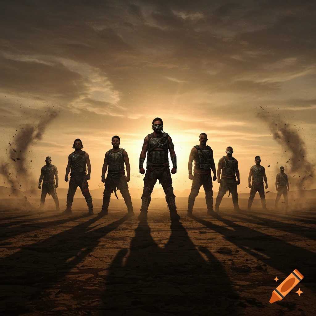 A group of rugged men in tactical gear stand in a dusty desert at sunset, casting long shadows. Some wear masks.
