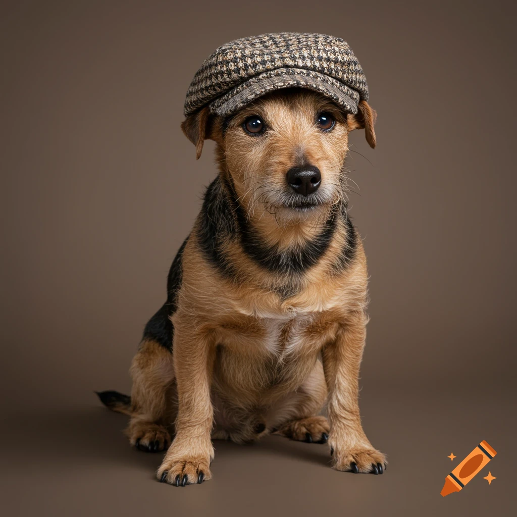 A brown and black terrier dog sits, wearing a checkered flat cap in a studio.