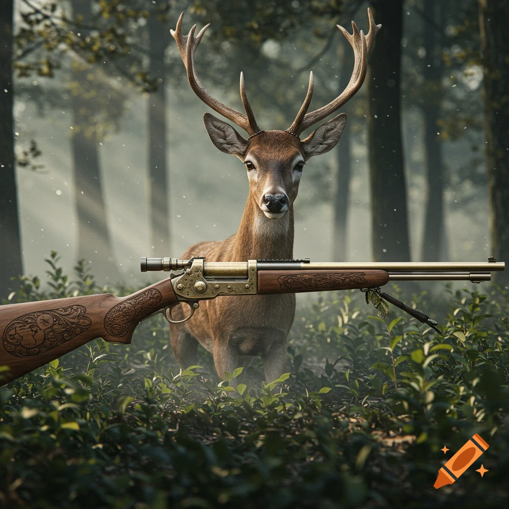 Photorealistic image of a majestic deer standing in a misty forest, with an ornate rifle in the foreground.