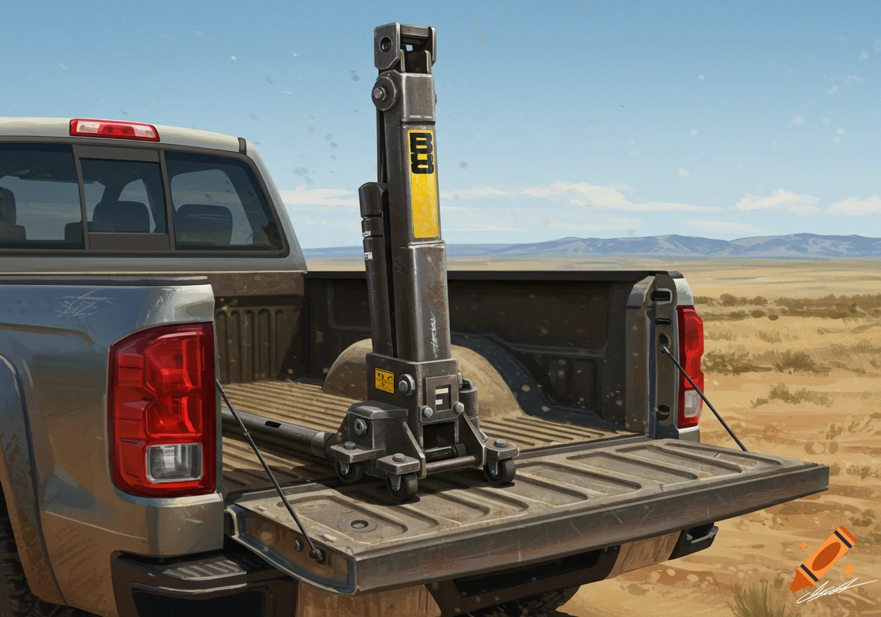 A grey pickup truck with its tailgate down, carrying a tall, metallic hydraulic jack in its bed. The truck is parked in a vast, arid landscape under a clear sky.