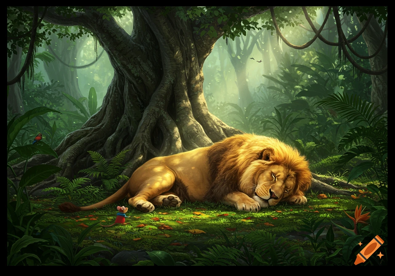 A large, golden-maned lion peacefully sleeps under a massive tree in a vibrant, misty jungle, with a tiny mouse standing nearby.