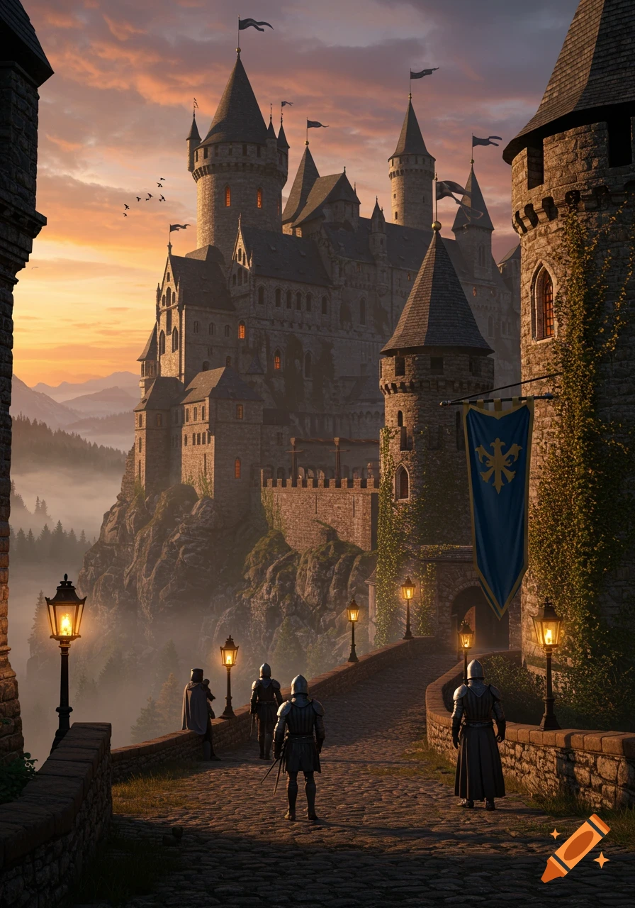 A majestic fantasy castle perched on a misty mountain at sunset, with knights on a cobblestone bridge.