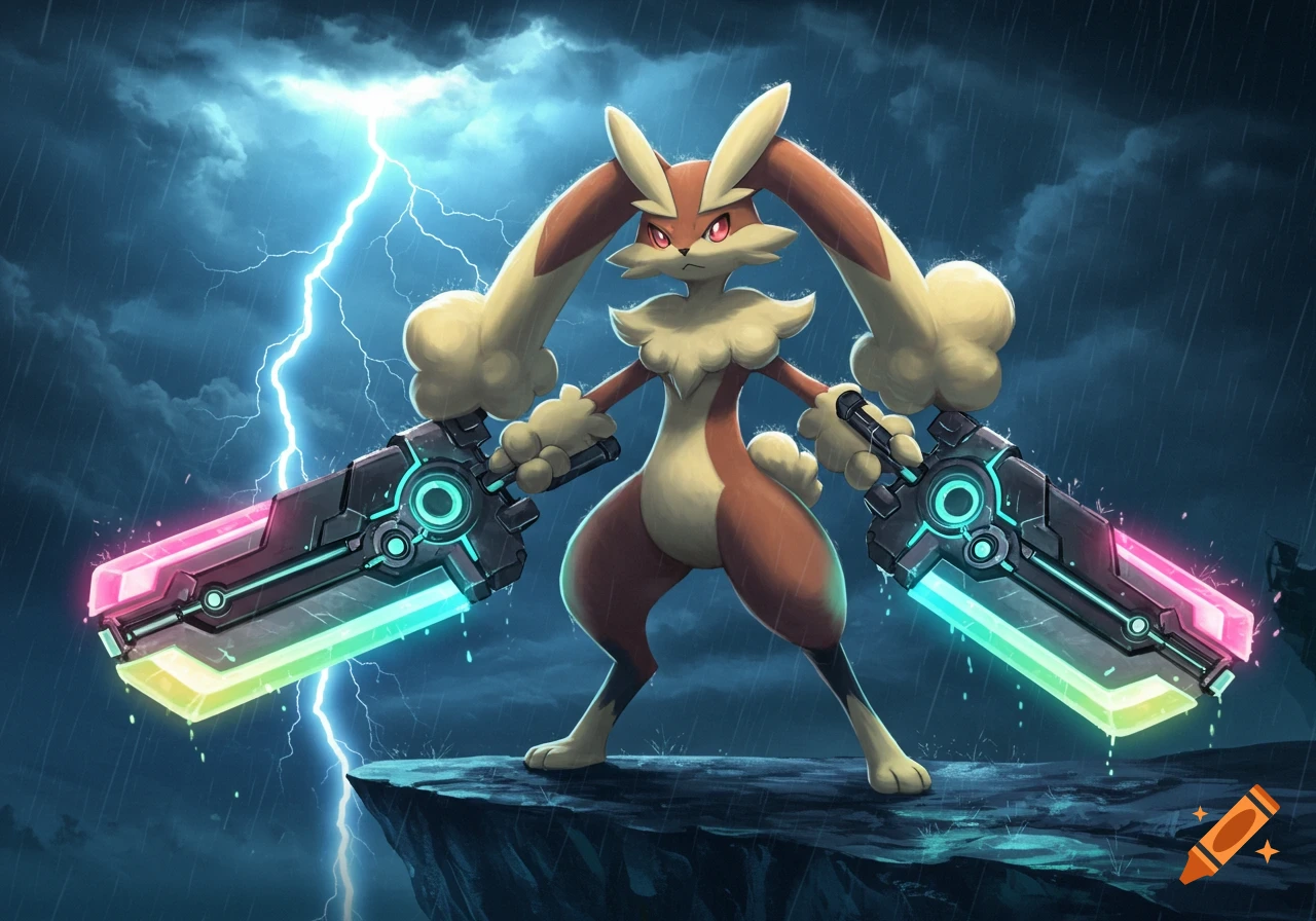 Lopunny holds two glowing futuristic weapons, standing on a cliff edge under a stormy, lightning-filled sky.