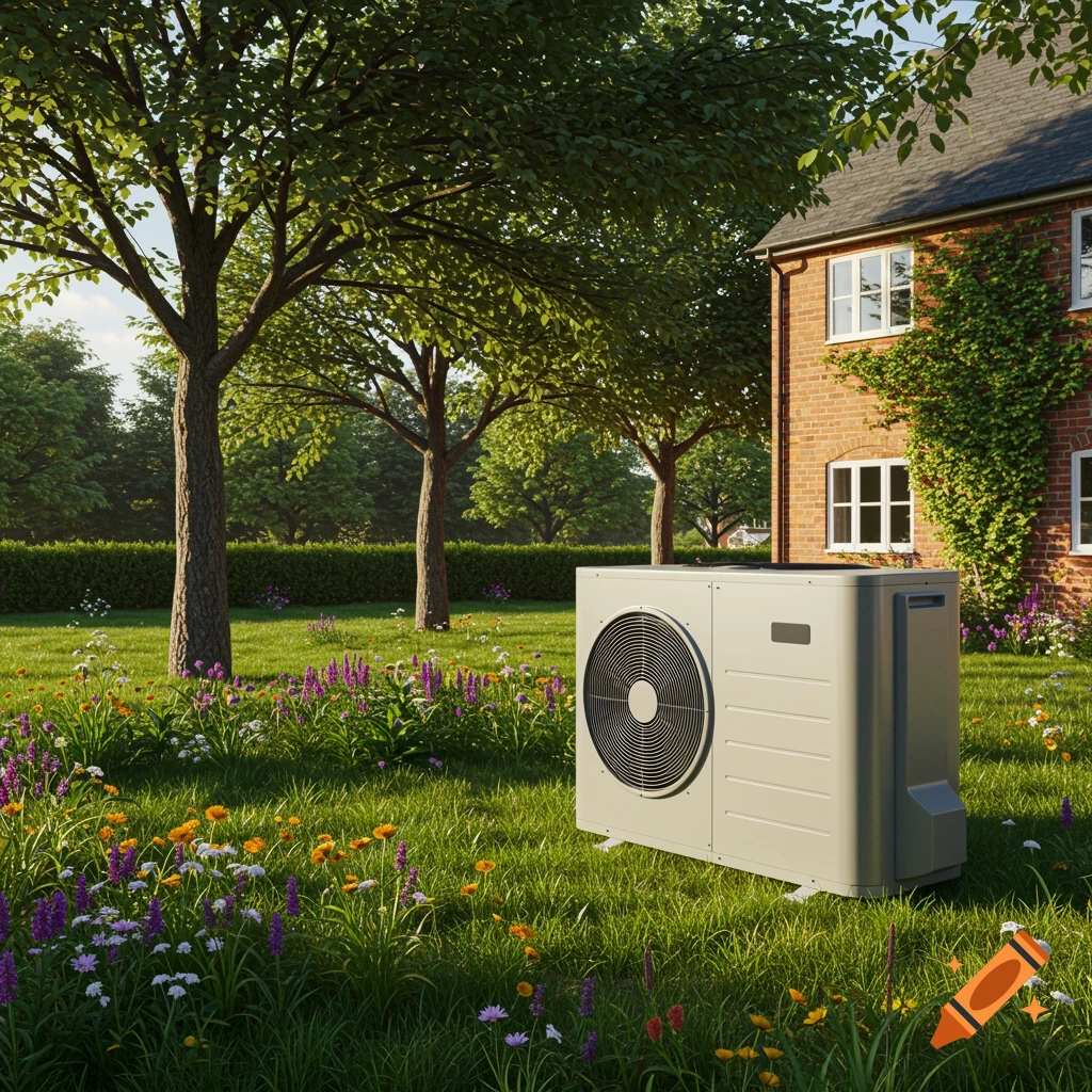 A modern heat pump sits in a lush green garden with wild flowers next to a brick house under a blue sky.