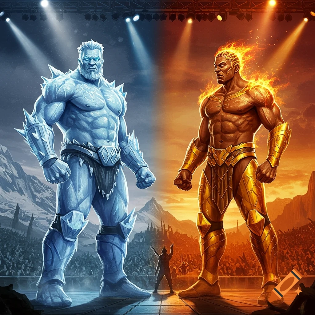 An ice giant and a fire titan face off on a stage before a crowd, set against contrasting ice and fiery landscapes in a comic art style.
