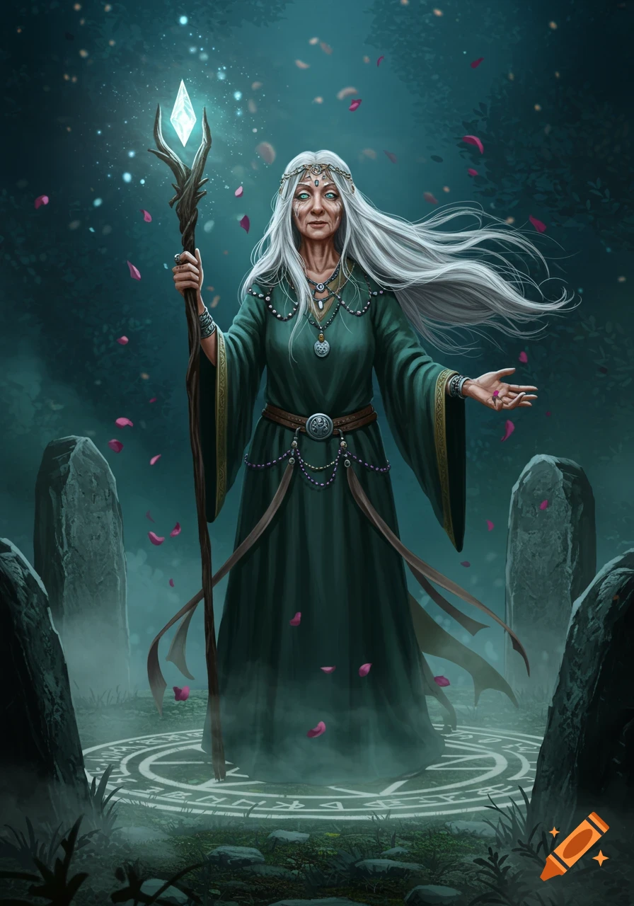 An old high priestess with white hair holds a glowing staff in a dark, misty forest clearing with ancient stones and a runic circle.