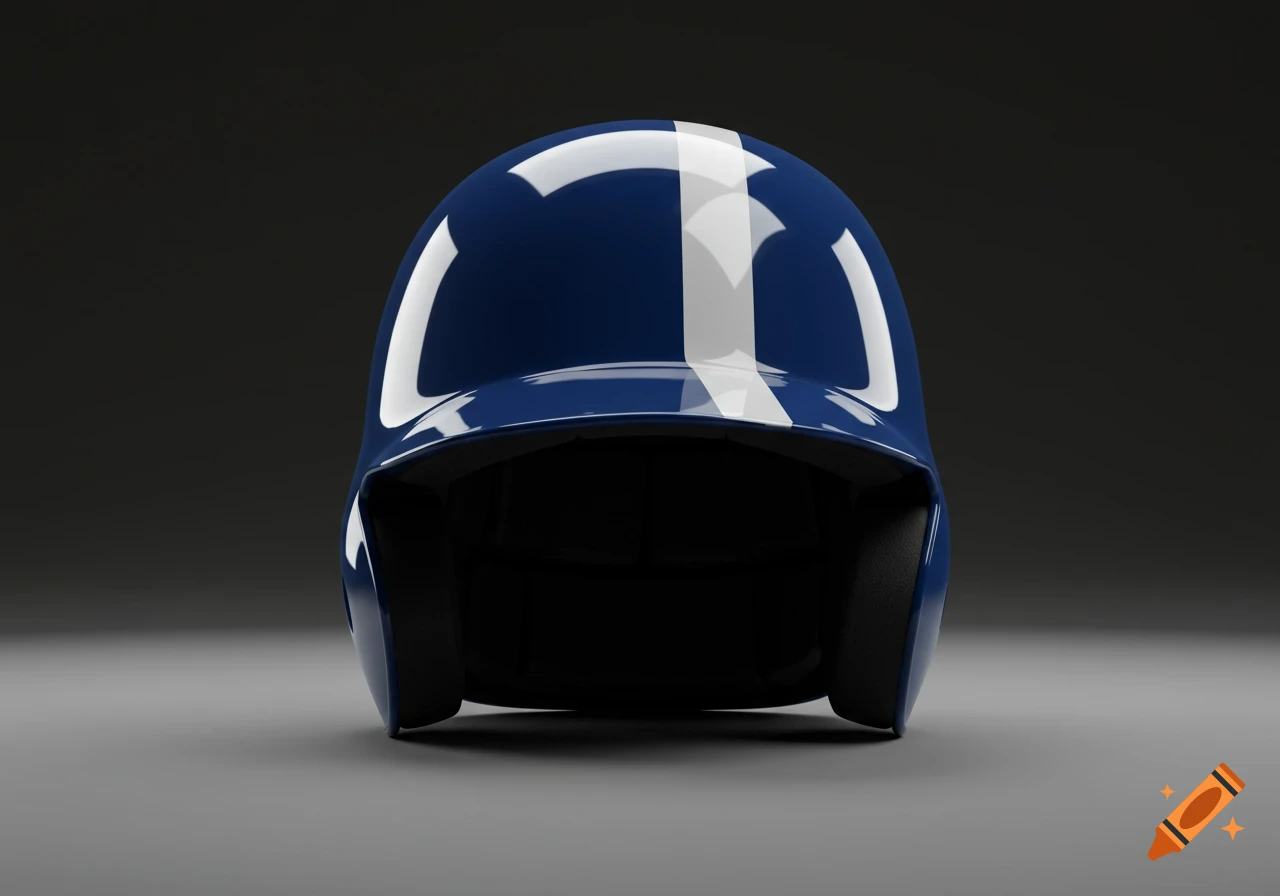 A blue baseball helmet with a white stripe, viewed from the front against a dark background.