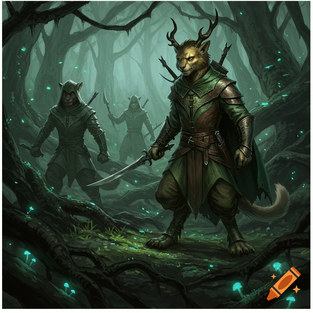Fantasy anthropomorphic figures, including a horned beast-man, armed with swords and daggers, stand in a dark, misty forest with glowing mushrooms.