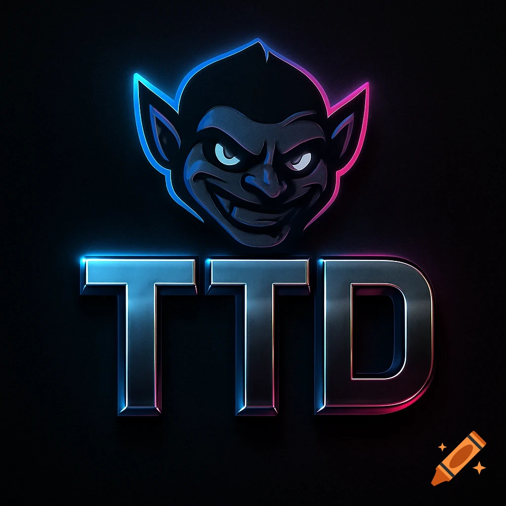 A dark, stylized imp or troll head with glowing blue and pink outlines above shiny metallic letters "TTD" against a black background.