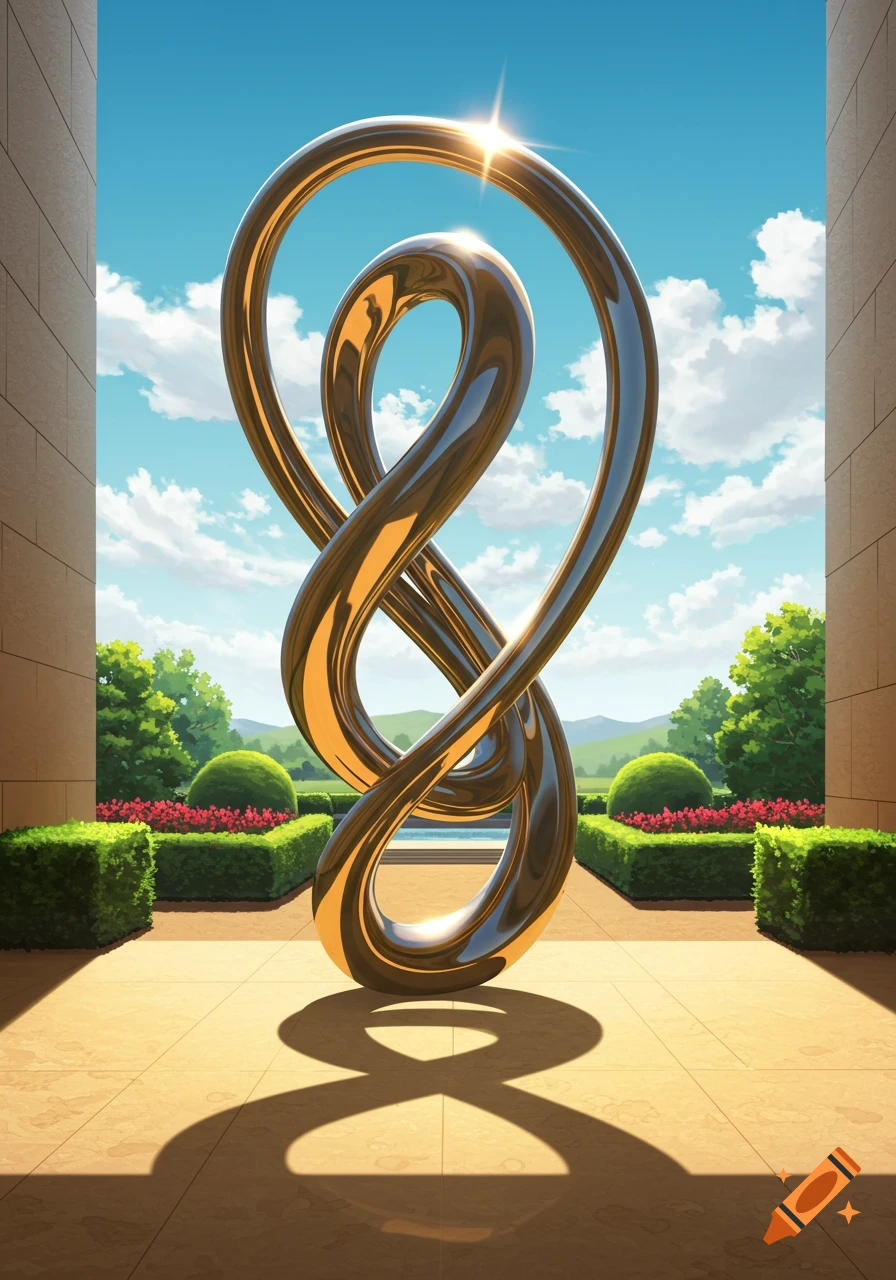 A sinuous golden metallic sculpture stands in a sunny outdoor courtyard with green hedges, red flowers, and a blue sky.