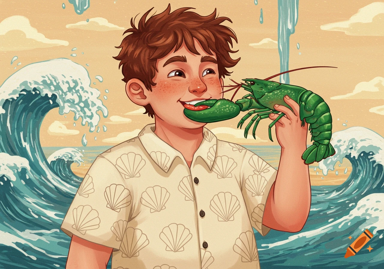 An illustrated boy with a scallop-patterned shirt playfully bites the claw of a green lobster on a beach with large waves.