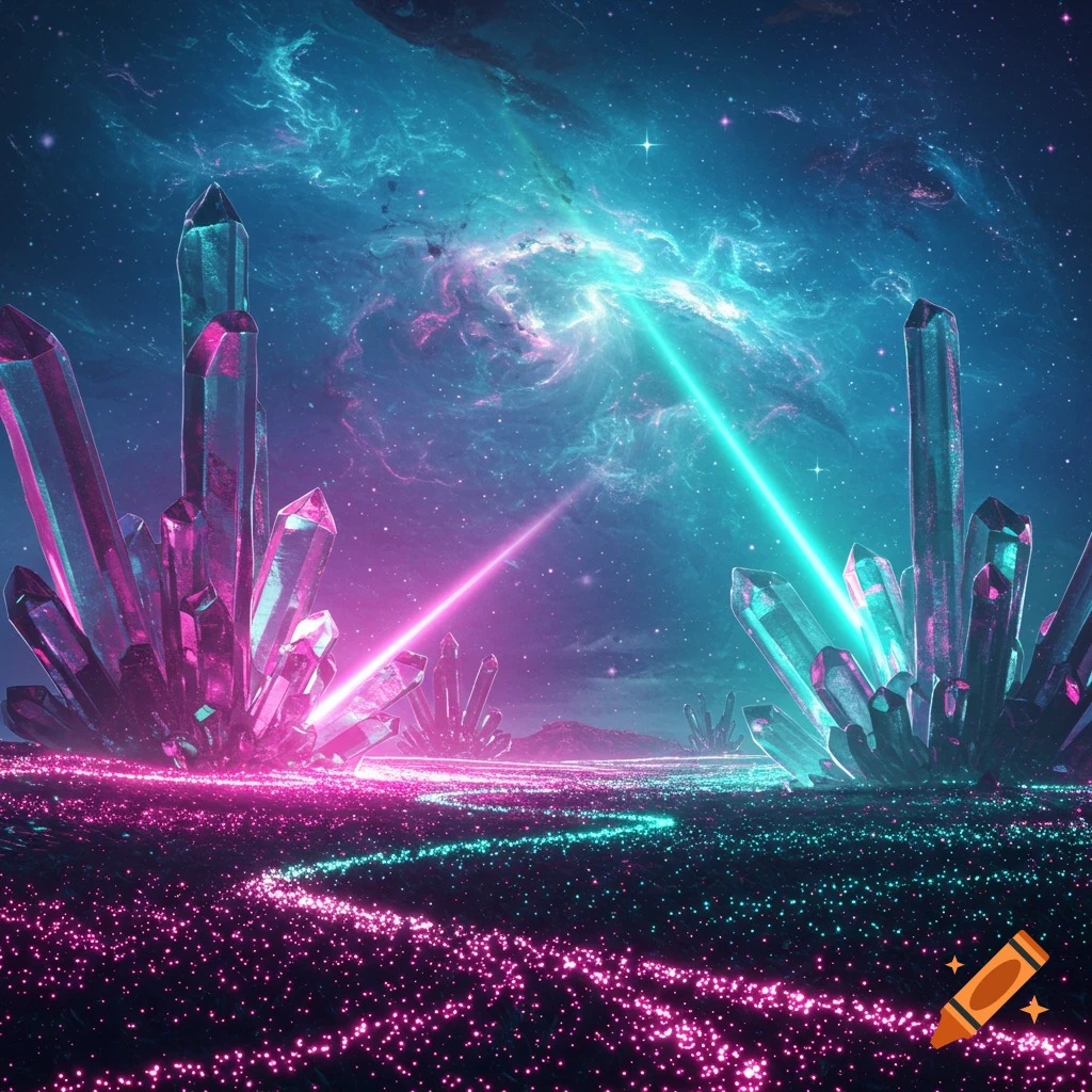 Vibrant alien landscape with glowing pink and turquoise crystals, light paths, and a nebula in a cosmic sky.