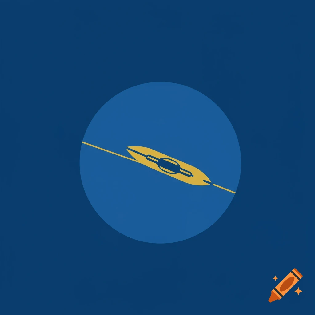 A golden weaving shuttle diagonally placed inside a blue circle on a dark blue background, in a simple graphic design style.