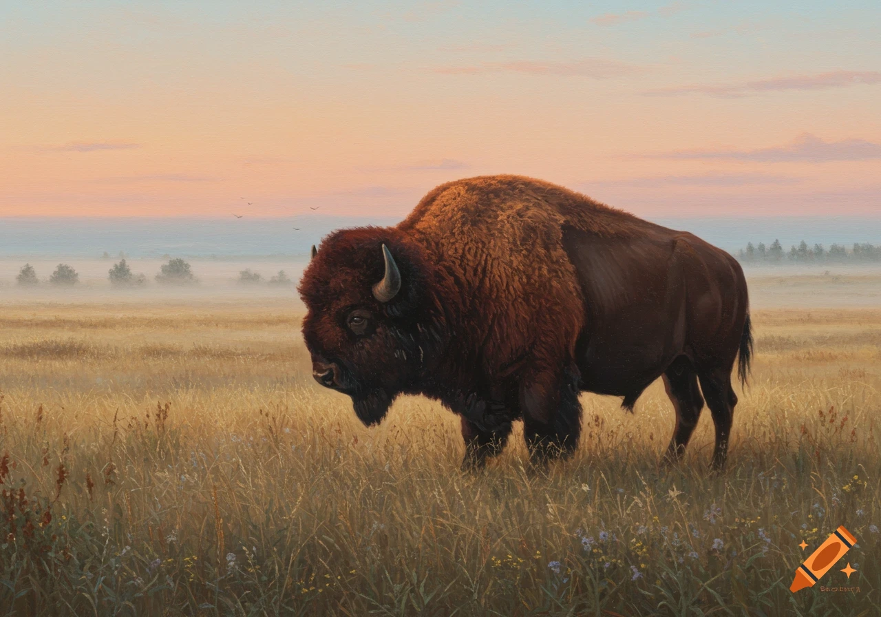 A realistic painting of a bison standing in a tall grass field at sunrise with misty trees in the background.