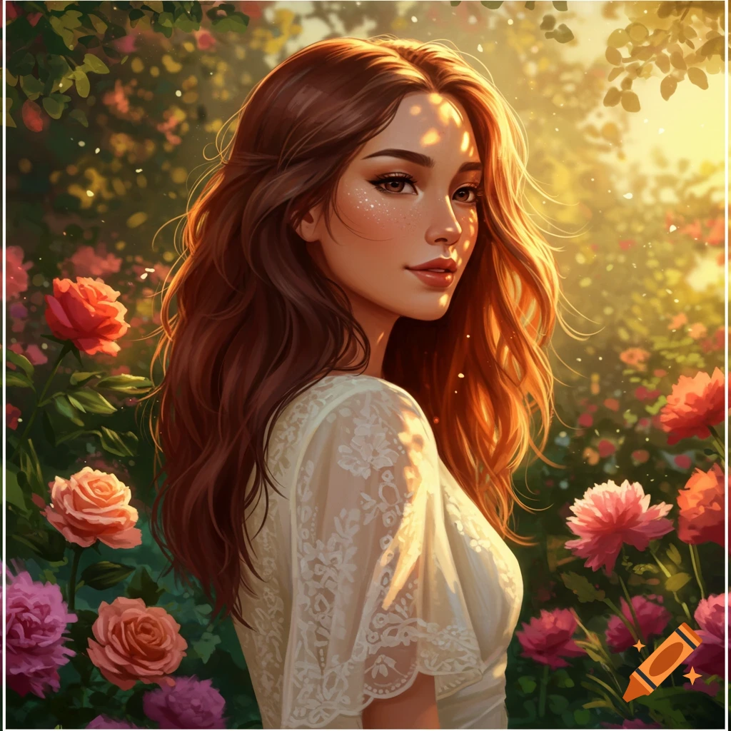 A beautiful woman with long brown hair in a white lace dress stands in a vibrant, sun-dappled garden surrounded by roses and flowers.
