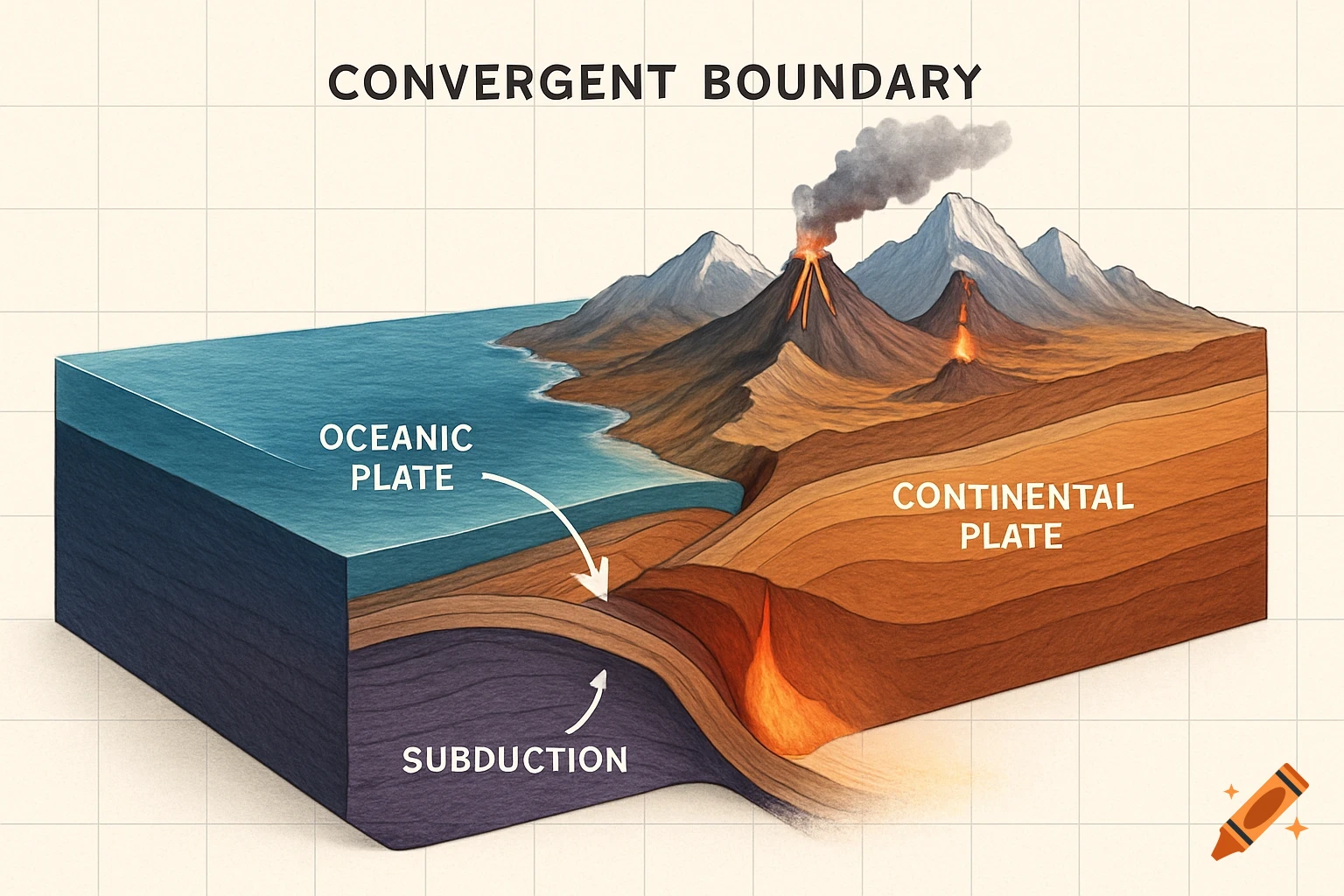 A geological diagram illustrating a convergent boundary where an oceanic plate subducts under a continental plate, showing volcanoes and magma.