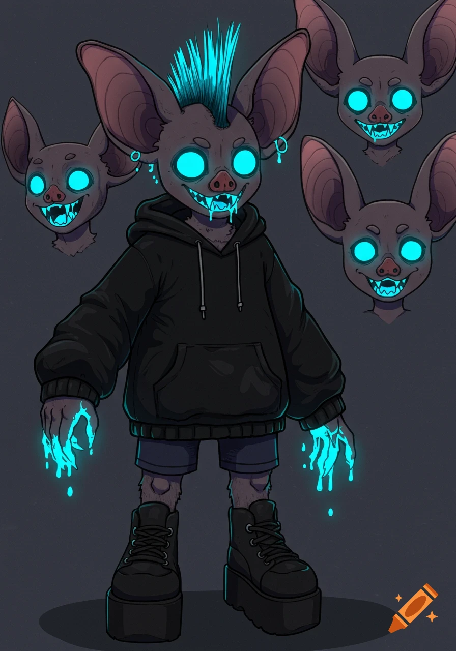 A stylized cartoon anthropomorphic bat creature with glowing blue eyes, teeth, and slime, wearing a black hoodie and platform shoes, with multiple head studies.