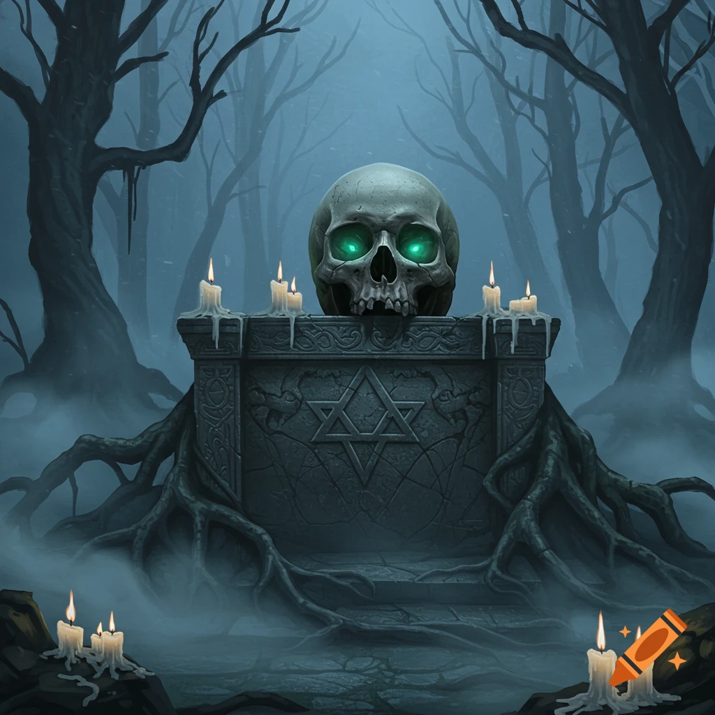 A glowing-eyed skull sits on a stone altar with a Star of David carving, surrounded by candles in a dark, foggy forest.