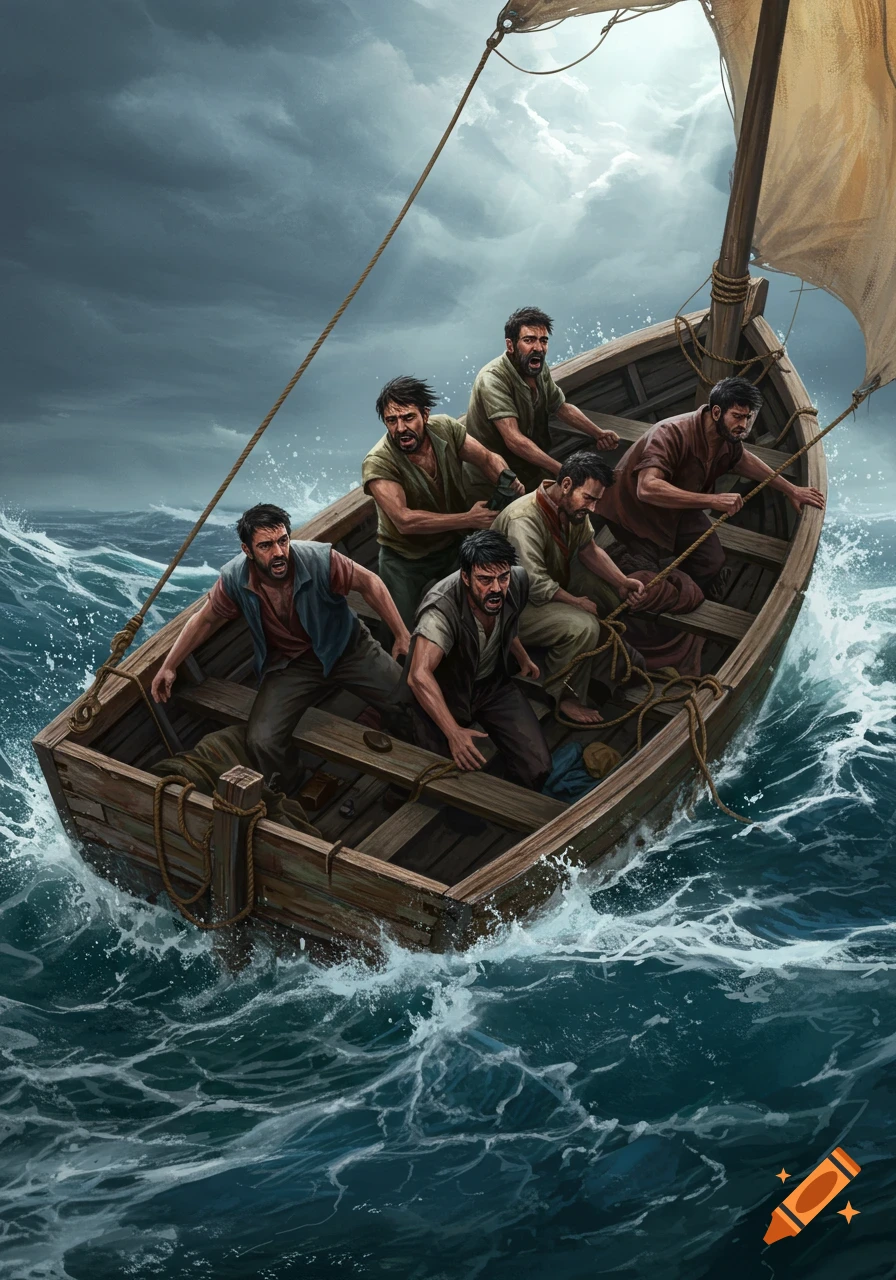 Six men in a small boat battling rough waves under a stormy sky, looking distressed.