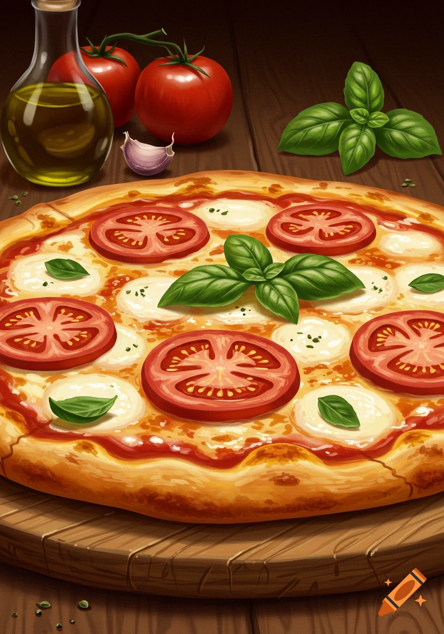 A vibrant, illustrated Margherita pizza with tomato slices, mozzarella, and fresh basil, alongside olive oil, whole tomatoes, and garlic on a wooden table.